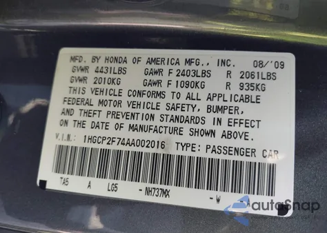 2010 Honda Accord 2.4 Ex z USA, uszkodzony, nr VIN 1HGCP2F74AA002016